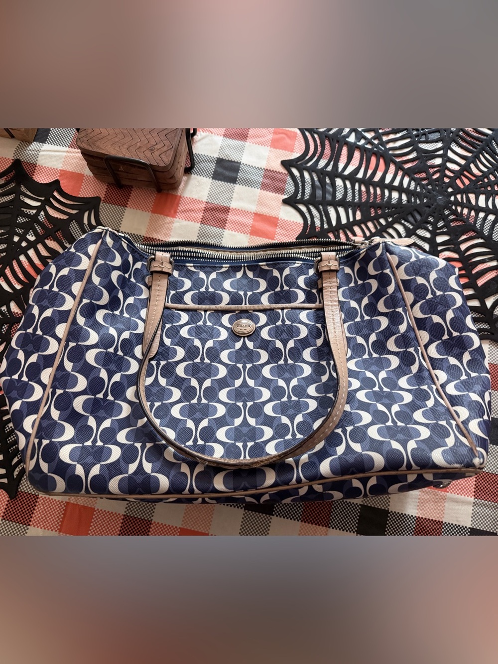 Coach Navy and White Logo Tote with Tan Leather Trim